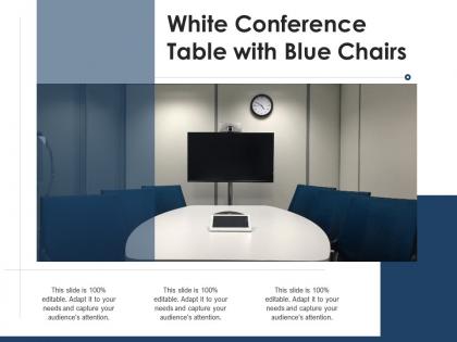 White conference table with blue chairs