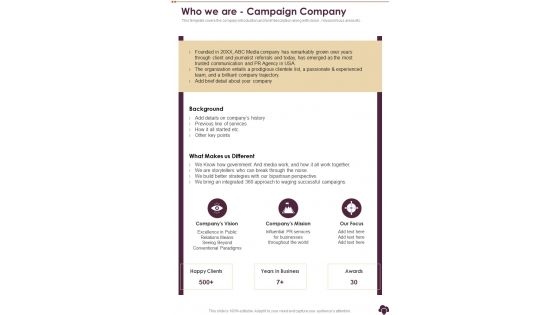 Who We Are Campaign Company One Pager Sample Example Document