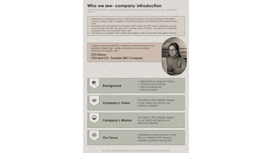 Who We Are Company Introduction Request For Proposals VOIP One Pager Sample Example Document