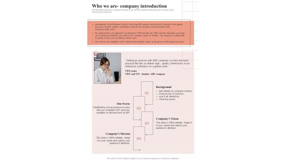 Who We Are Company Introduction VOIP Request Proposal One Pager Sample Example Document