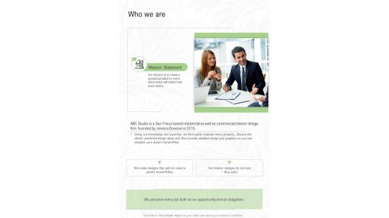 Who We Are Interior Design Proposal Template One Pager Sample Example Document