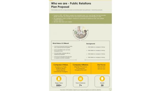Who We Are Public Relations Plan Proposal One Pager Sample Example Document