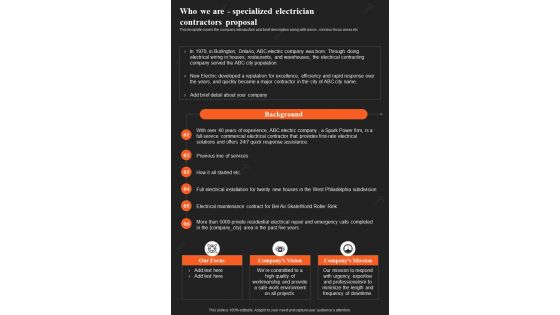 Who We Are Specialized Electrician Contractors Proposal One Pager Sample Example Document