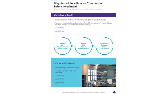 Why Associate With Us As Commercial Eatery Investment One Pager Sample Example Document