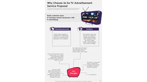Why Choose Us For Tv Advertisement Service Proposal One Pager Sample Example Document