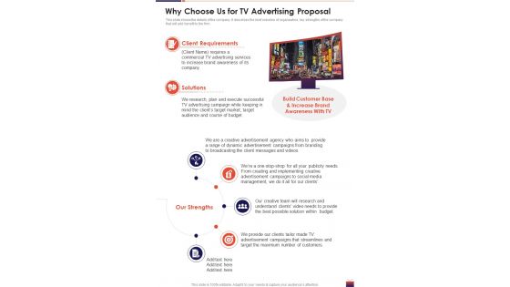 Why Choose Us For TV Advertising Proposal One Pager Sample Example Document
