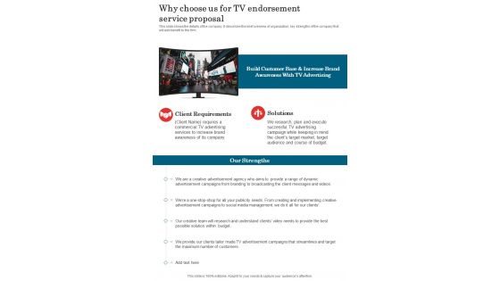 Why Choose Us For Tv Endorsement Service Proposal One Pager Sample Example Document