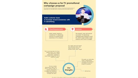 Why Choose Us For TV Promotional Campaign One Pager Sample Example Document