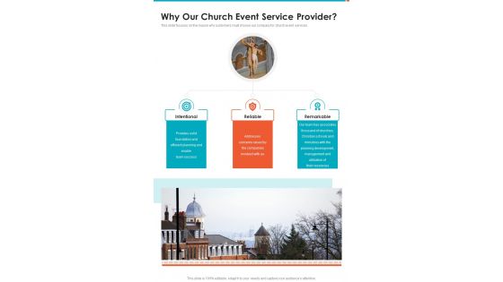 Why Our Church Event Service Provider  One Pager Sample Example Document