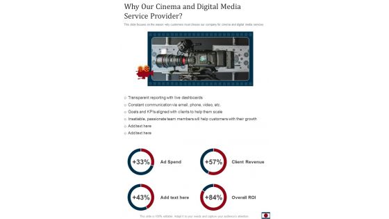 Why Our Cinema And Digital Media Service Provider One Pager Sample Example Document