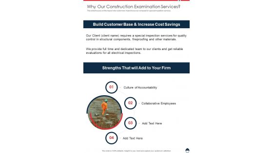 Why Our Construction Examination Services One Pager Sample Example Document