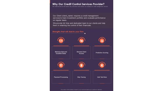 Why Our Credit Control Services Provider One Pager Sample Example Document