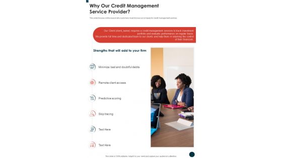 Why Our Credit Management Service Provider One Pager Sample Example Document
