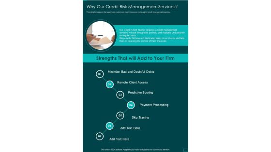 Why Our Credit Risk Management Services One Pager Sample Example Document