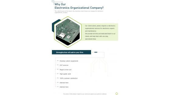 Why Our Electronics Organizational Company One Pager Sample Example Document