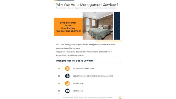 Why Our Hotel Management Services One Pager Sample Example Document