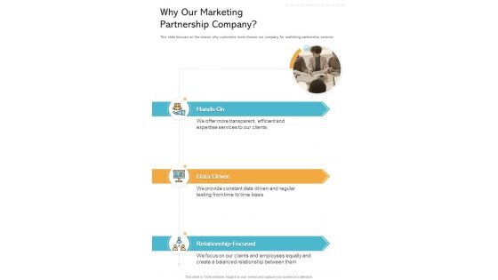 Why Our Marketing Partnership Company Proposal One Pager Sample Example Document