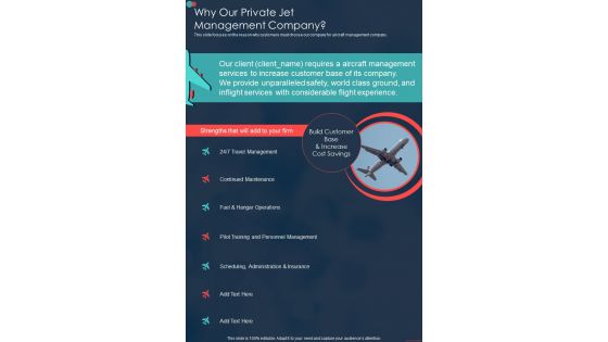 Why Our Private Jet Management Company One Pager Sample Example Document