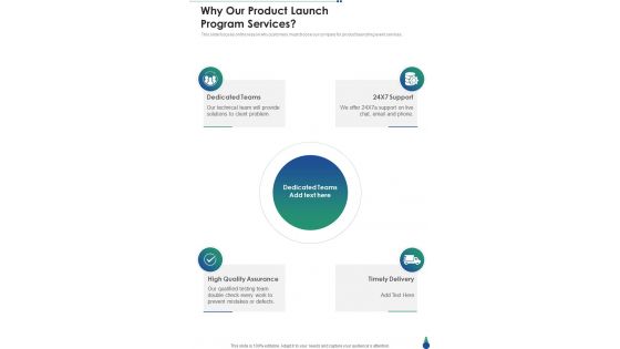 Why Our Product Launch Program Services One Pager Sample Example Document