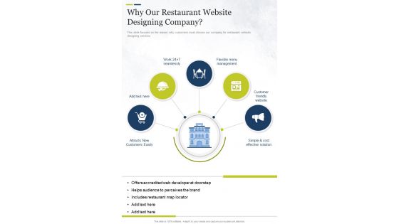 Why Our Restaurant Website Designing Company Restaurant Website Proposal One Pager Sample Example Document