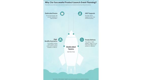 Why Our Successful Product Launch Event Planning One Pager Sample Example Document