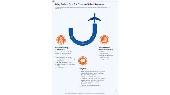 Why Select Our Air Charter Sales Services One Pager Sample Example Document