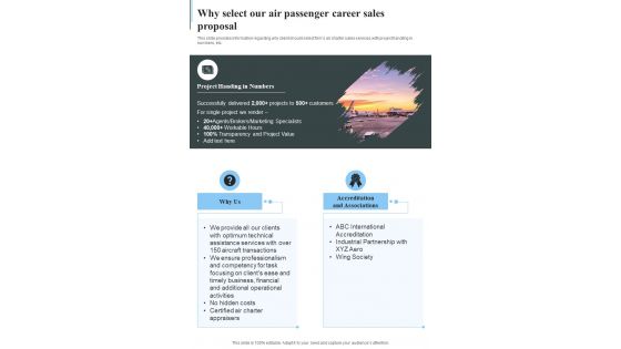 Why Select Our Air Passenger Career Sales Proposal One Pager Sample Example Document
