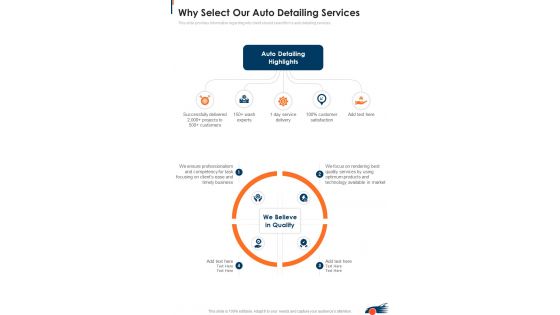 Why Select Our Auto Detailing Services One Pager Sample Example Document