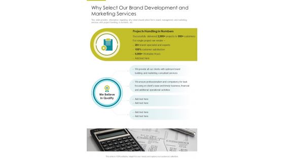 Why Select Our Brand Development And Marketing Services One Pager Sample Example Document