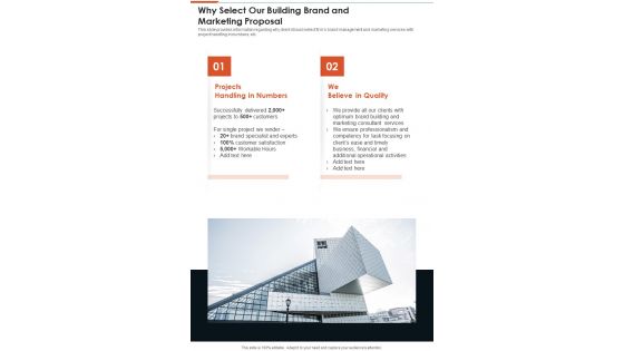 Why Select Our Building Brand And Marketing Proposal One Pager Sample Example Document
