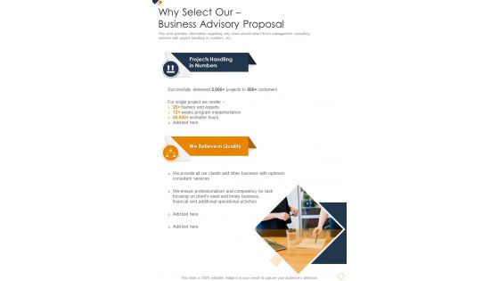 Why Select Our Business Advisory Proposal One Pager Sample Example Document