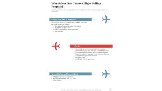 Why Select Our Charter Flight Selling Proposal One Pager Sample Example Document
