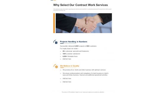 Why Select Our Contract Work Services One Pager Sample Example Document