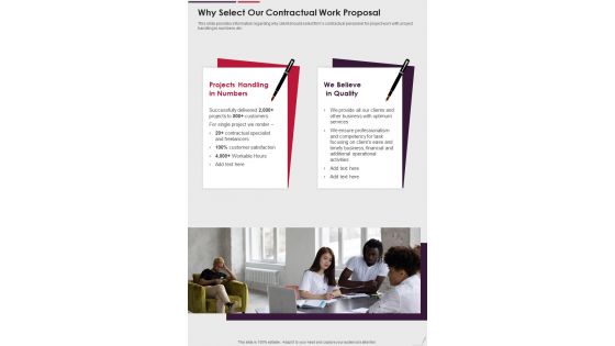 Why Select Our Contractual Work Proposal One Pager Sample Example Document