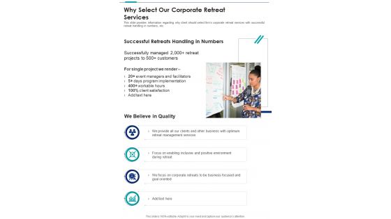 Why Select Our Corporate Retreat Services One Pager Sample Example Document