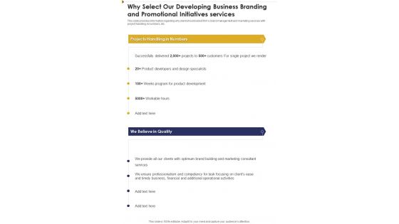 Why Select Our Developing Business Branding One Pager Sample Example Document