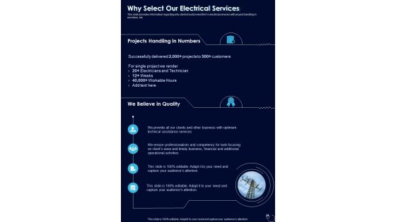 Why Select Our Electrical Services One Pager Sample Example Document