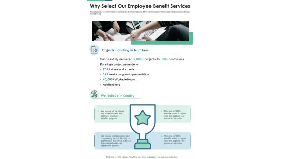 Why Select Our Employee Benefit Services One Pager Sample Example Document