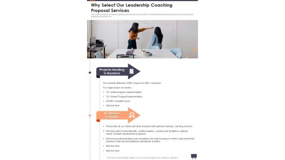 Why Select Our Leadership Coaching Proposal Services One Pager Sample Example Document