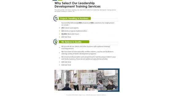 Why Select Our Leadership Development Training Services One Pager Sample Example Document