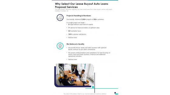 Why Select Our Lease Buyout Auto Loans Proposal Services One Pager Sample Example Document