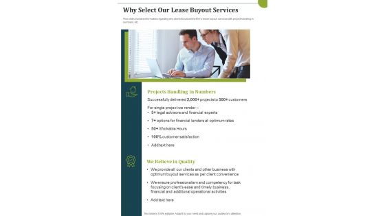 Why Select Our Lease Buyout Services One Pager Sample Example Document