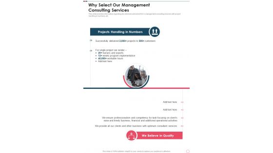 Why Select Our Management Consulting Services One Pager Sample Example Document