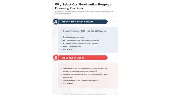 Why Select Our Merchandise Progress Financing Services One Pager Sample Example Document