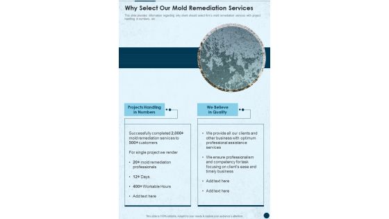 Why Select Our Mold Remediation Services One Pager Sample Example Document