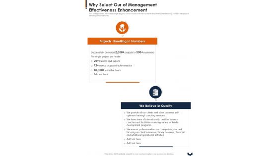 Why Select Our Of Management Effectiveness Enhancement One Pager Sample Example Document