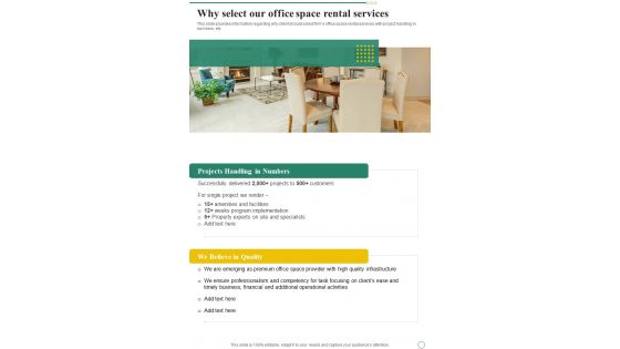 Why Select Our Office Space Rental Services One Pager Sample Example Document