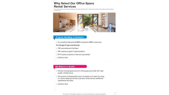 Why Select Our Office Space Rental Services Renting Office Space One Pager Sample Example Document