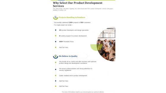 Why Select Our Product Development Services One Pager Sample Example Document