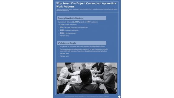 Why Select Our Project Contractual Apprentice Work Proposal One Pager Sample Example Document